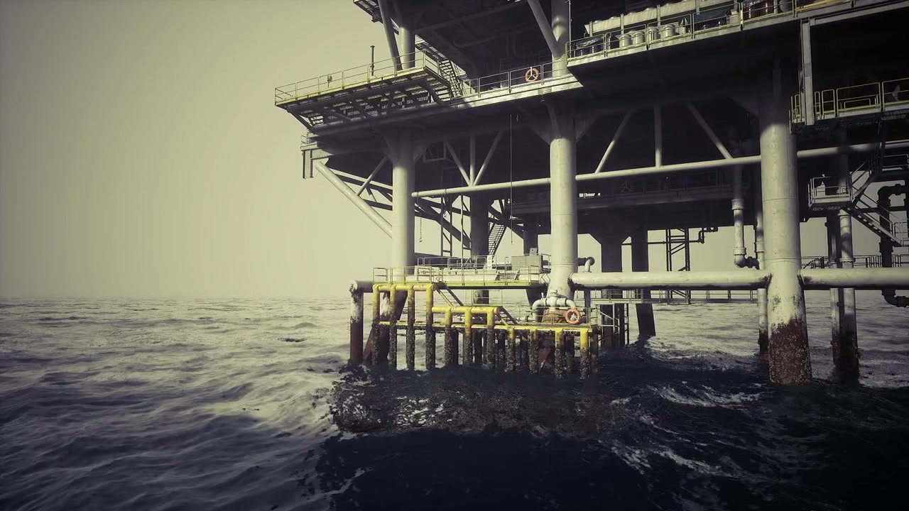 Solbeskinnet olieboreplatform med strålende havglimt og et indbydende industrimiljø