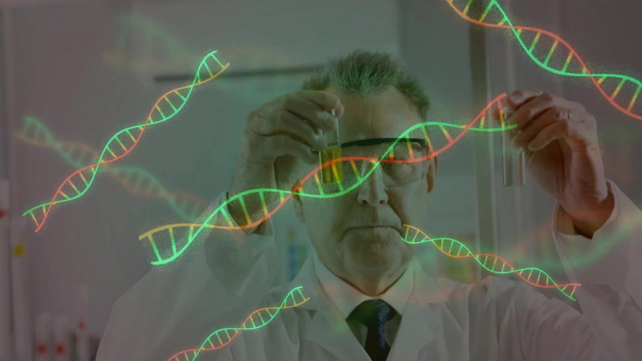 Senior man scientist comparing glass vials in laboratory, with floating DNA helix graphics