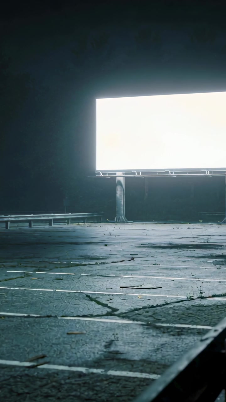 Vertical video: Moving low-angle camera revealing cracked parking lot at night, lit billboard