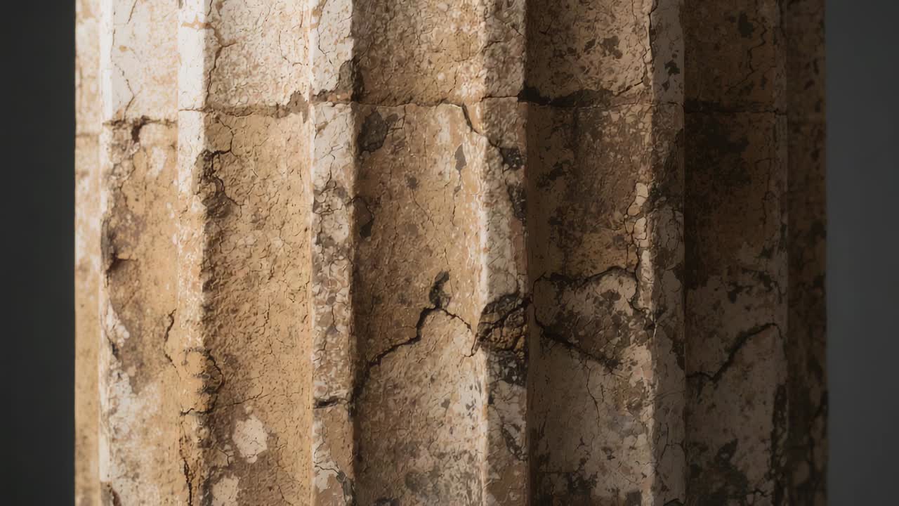 Shifting camera moving along aged fluted stone column in studio, revealing grooves, cracks, stains