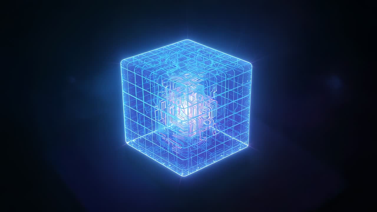 Moving cube across circuit board toward man in suit, stabilizing above holographic table