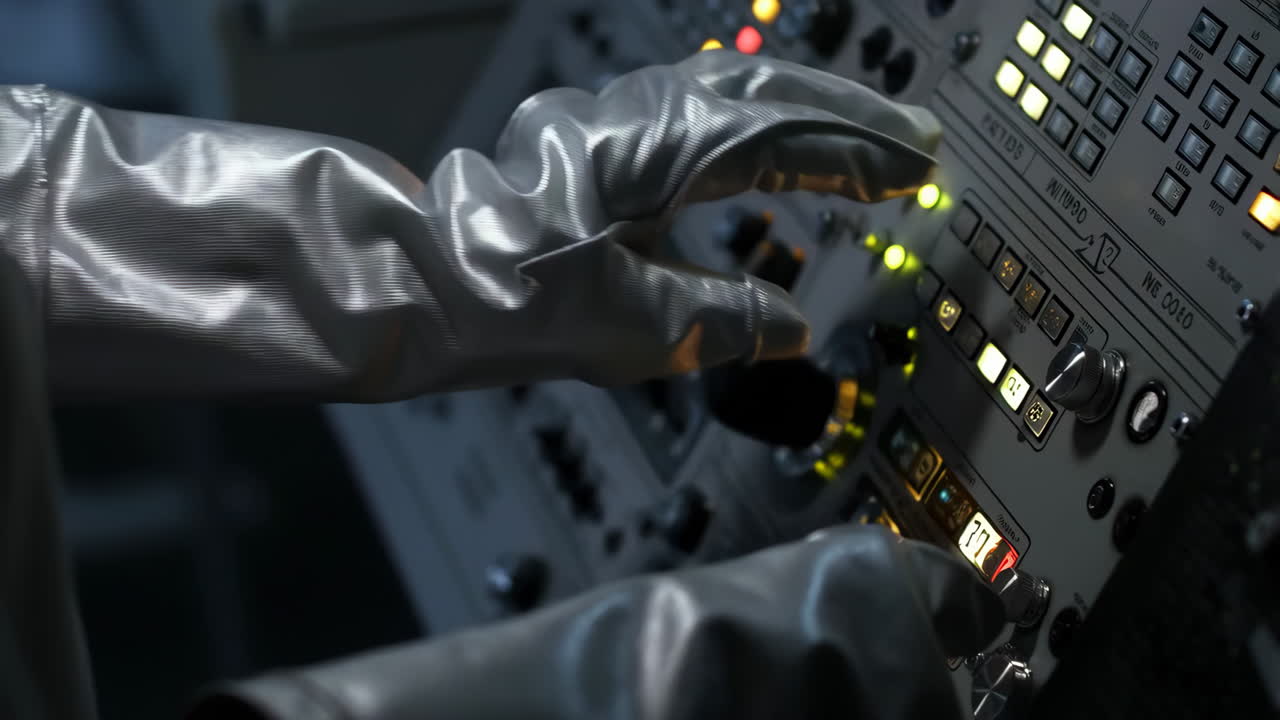 Person in specialized gloves operating a complex illuminated control panel