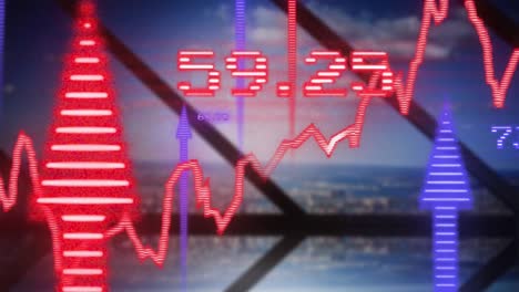 animation of financial data processing over cityscape