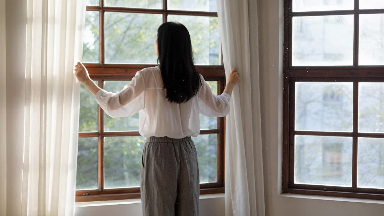 Woman at wooden window grasping and pulling sheer curtains apart, letting light brighten home