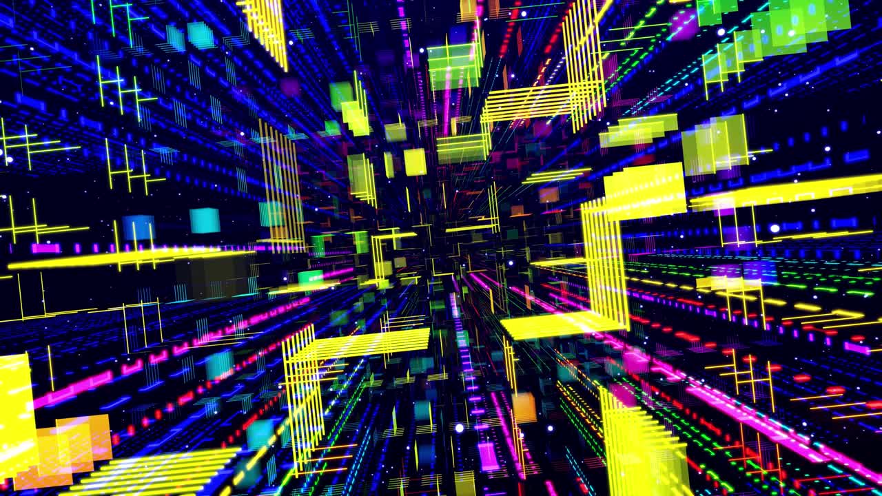 Leuchtende Rechtecke, Streifen und Linien. Motion Design VJ-Loop. 3D-Struktur. Motion Graphic, Kameraflug durch abstrakten Kunstraum, mehrschichtige Struktur mit Muster und Partikeln. Regenbogen-Farbverlauf