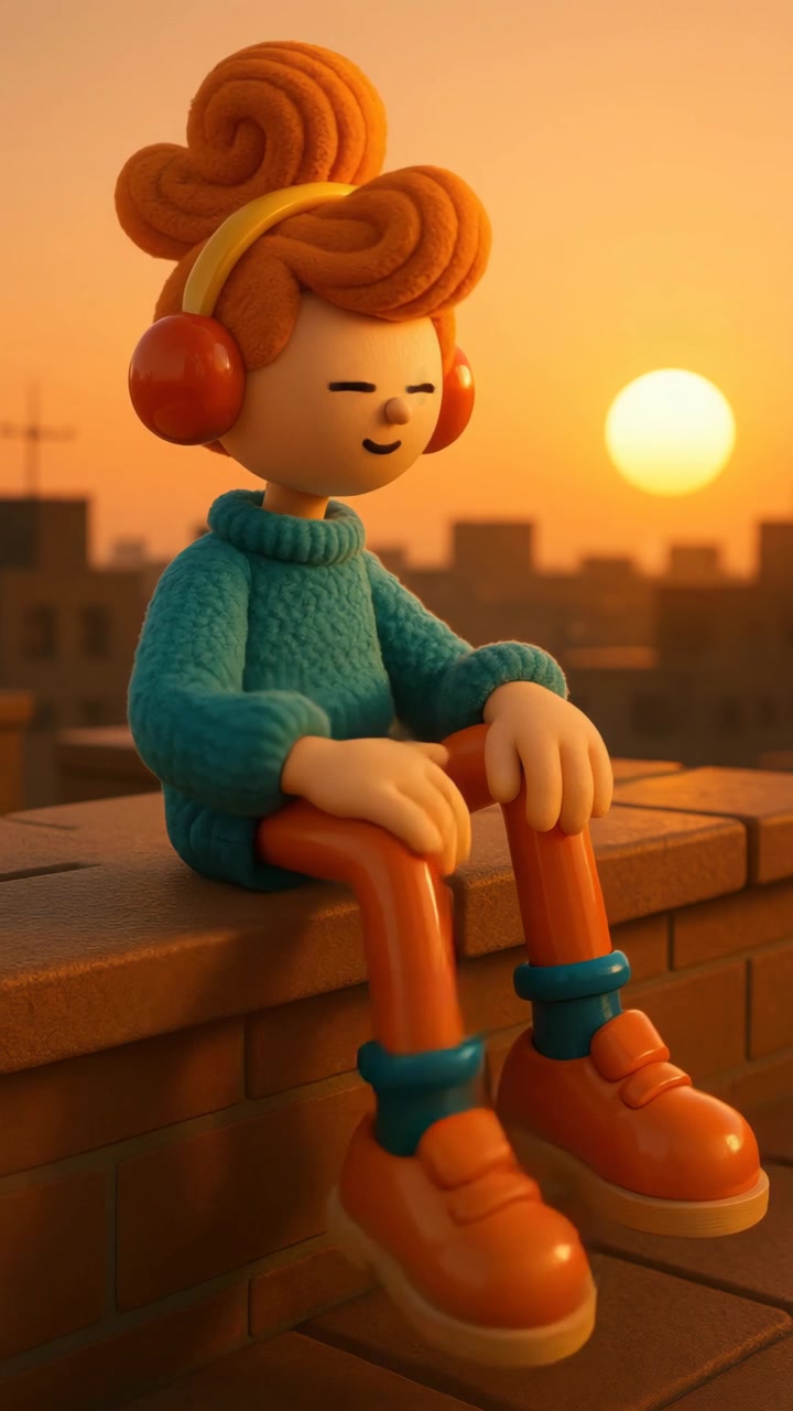 Personaggio animato 3D seduto su un tetto al tramonto