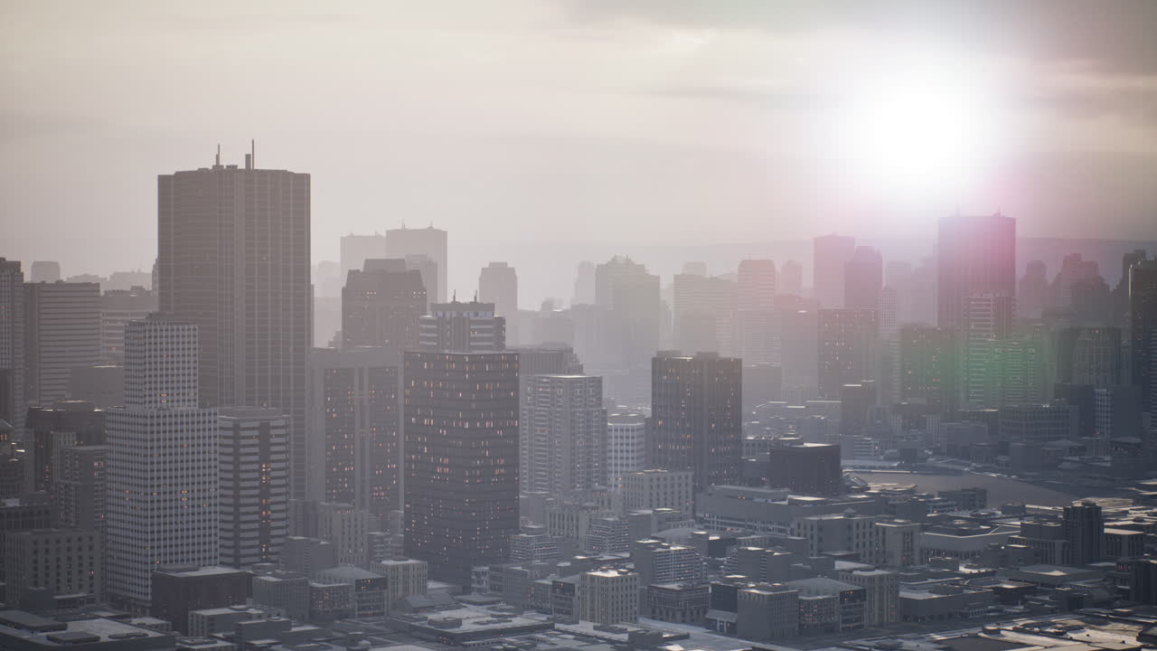 해가 지는 시점 에 초고층 건물 들 이 있는 스카이라인 공중 뷰