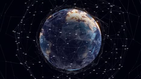 Animation-of-network-of-connections-and-data-processing-over-globe