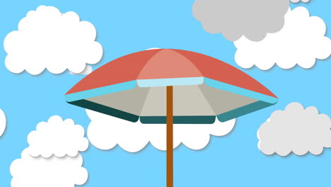 animación de paraguas sobre el cielo con nubes en movimiento