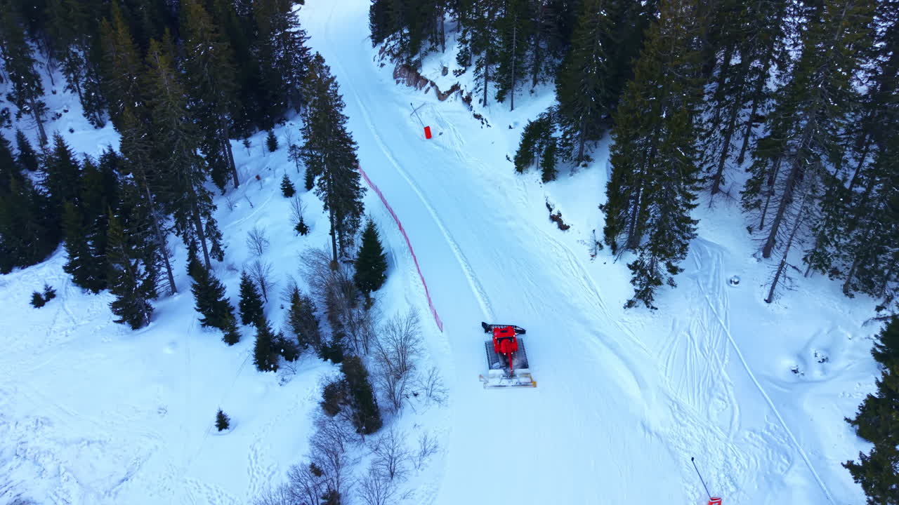 Veduta aerea di un gatto delle nevi che prepara una pista da sci in una foresta invernale.