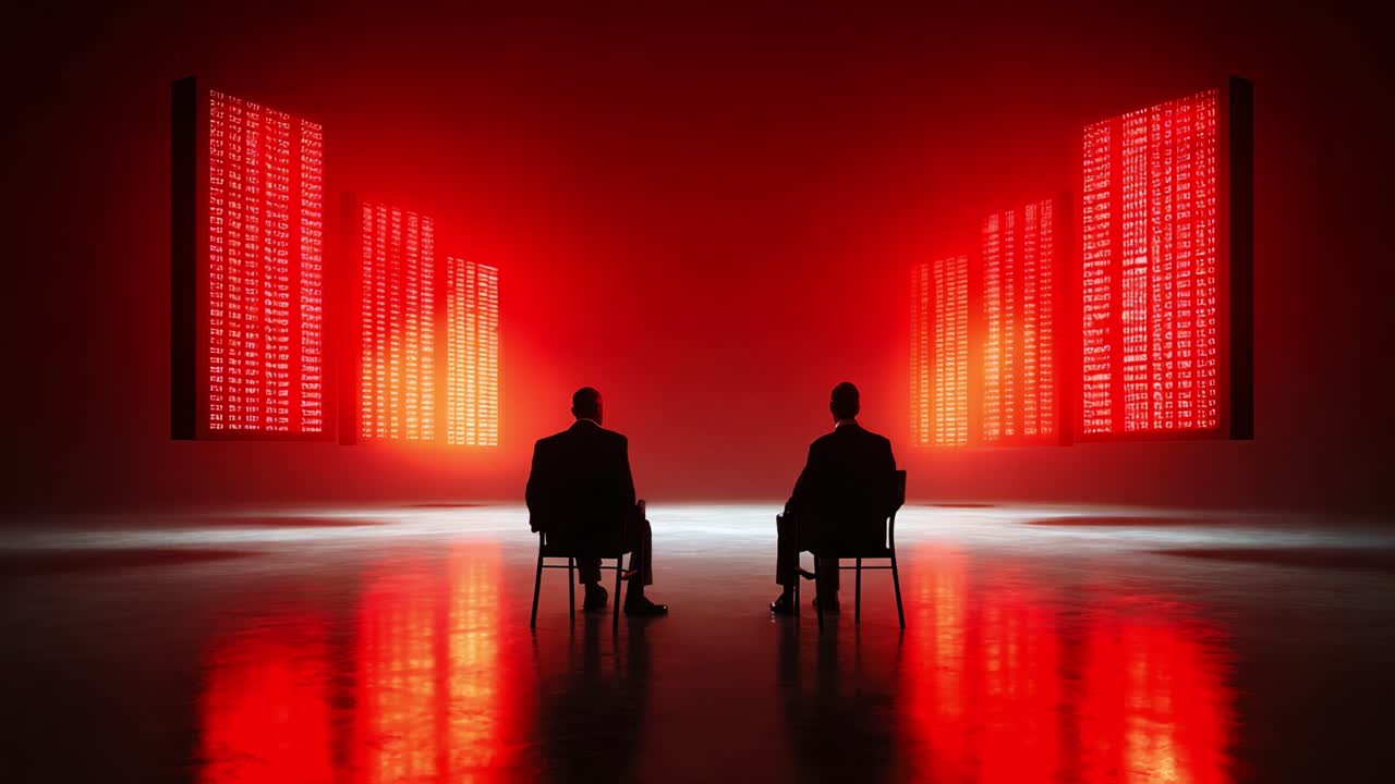 Two individuals seated in chairs, observing vivid red digital data displays in a dimly lit environment, emphasizing the contrast between the figures and the dynamic information visuals
