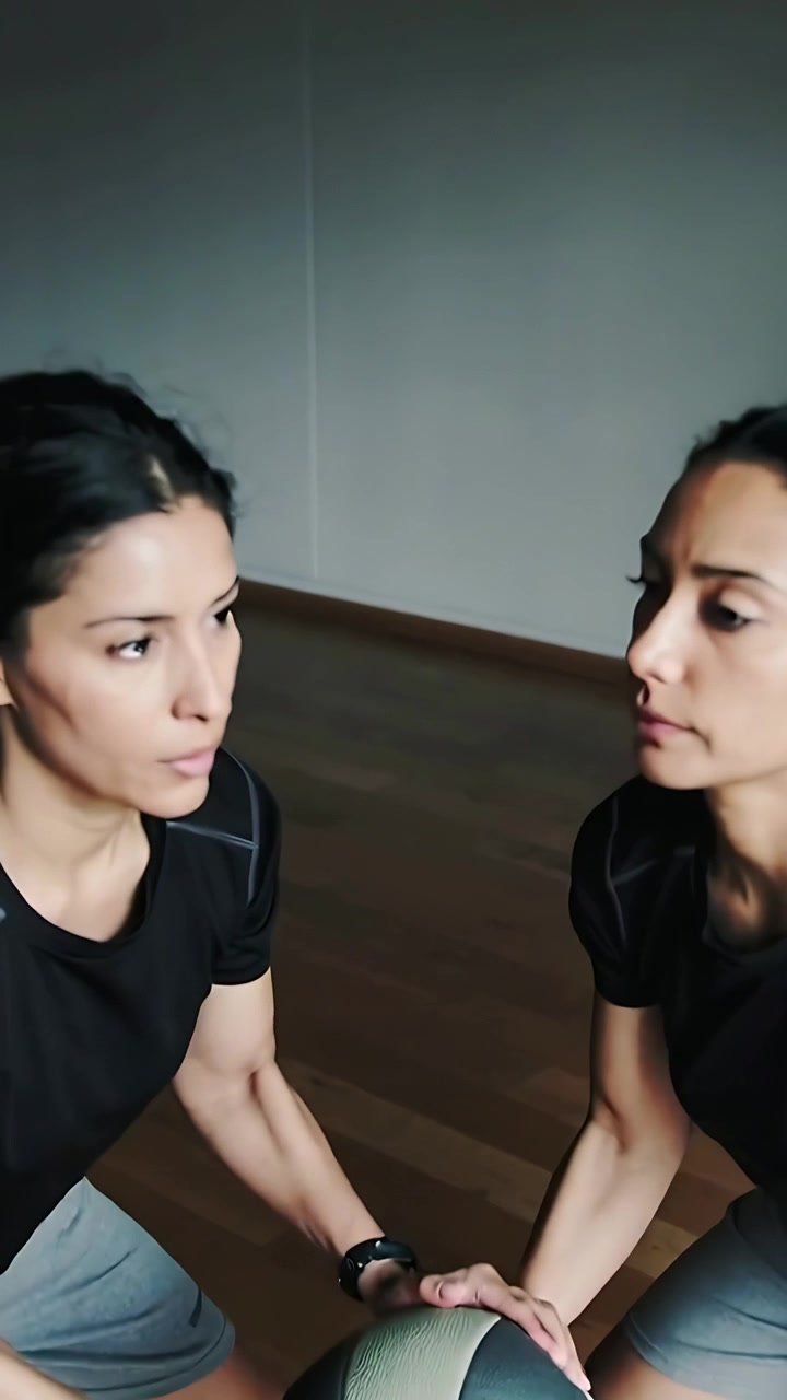 Video verticale: Due donne con top neri si passano una palla medica in una sala fitness dopo un contatto visivo.