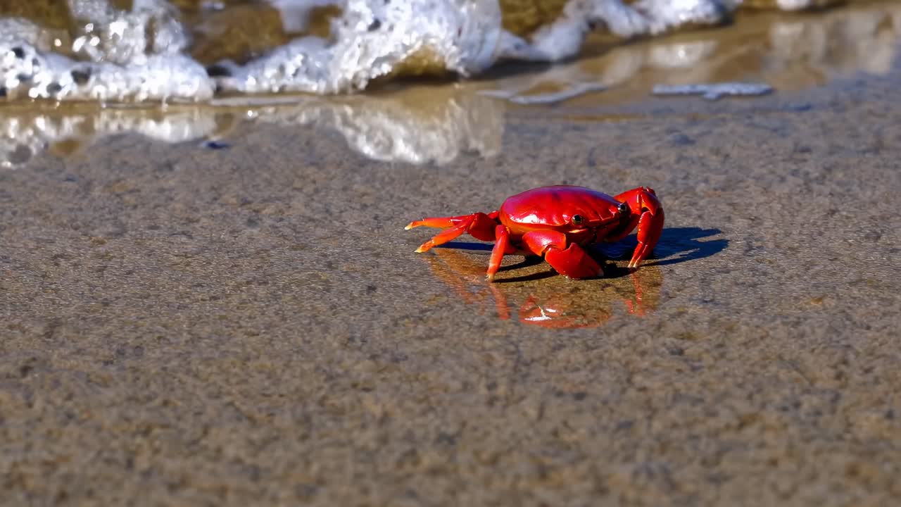 Close-up video of a vibrant red crab on wet sand, shot from a low angle, capturing its reflection