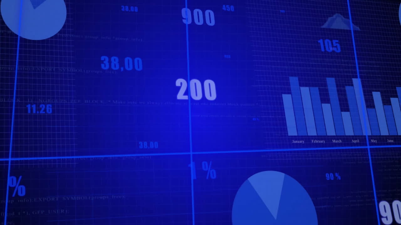 Financial data charts and graphs animation over blue background