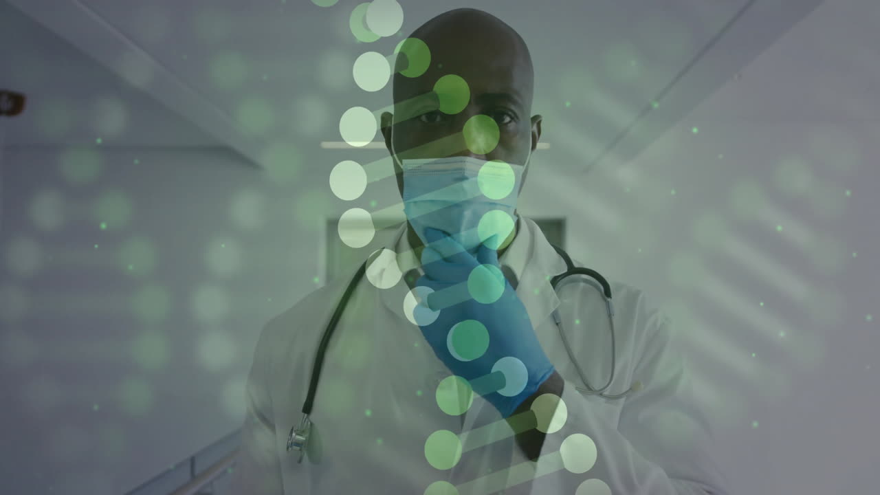 Animazione di filamenti di DNA su medico maschio birazziale con mascherine
