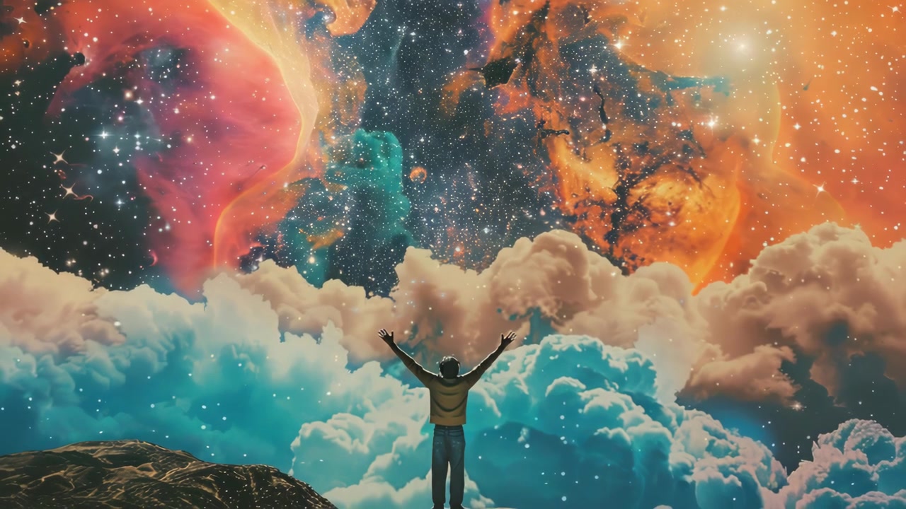 Person Standing on Mountain Peak Looking at Surreal Nebula Sky