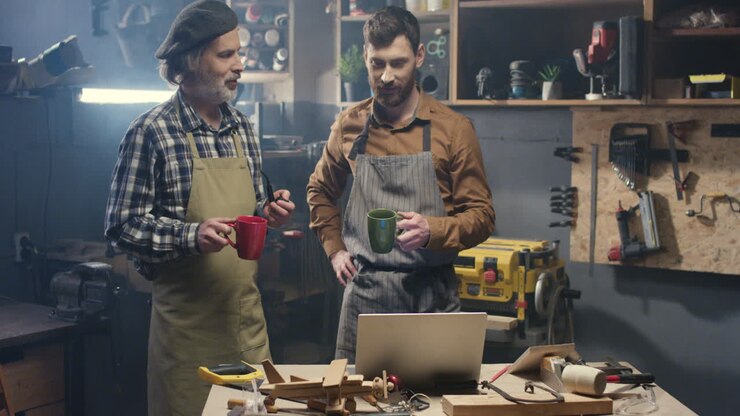 Two carpenters standing in workshop and watching some video on tablet while drinking coffee in carpentry workshop