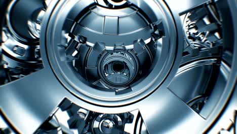 moving inside abstract engine with rotating steel gears seamless. beautiful looped 3d animation. working process illustration. teamwork business and technology concept.