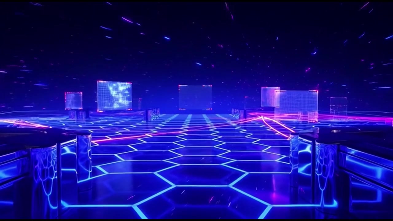 Futuristic Digital Space with Glowing Hexagonal Floor and Floating Data Screens
