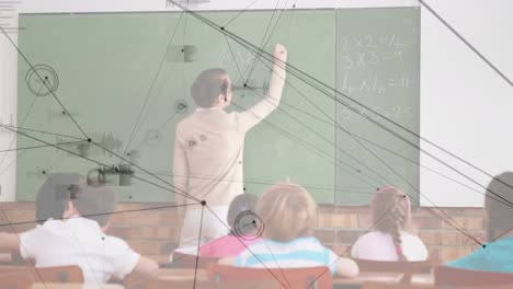 Animation-of-digital-screen-over-class-of-diverse-teacher-and-pupils-at-school