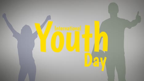 animation of international youth day text over people silhouettes on grey background