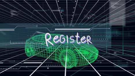 Animation-of-register-text-banner-over-3d-car-model-over-grid-network-against-black-background