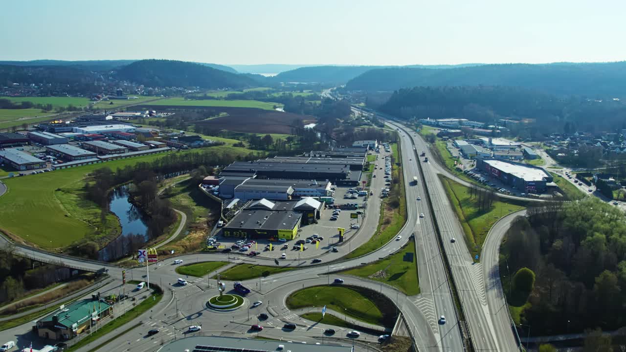 Aerial view of E20 highway leading into Gothenburg, Sweden on sunny day