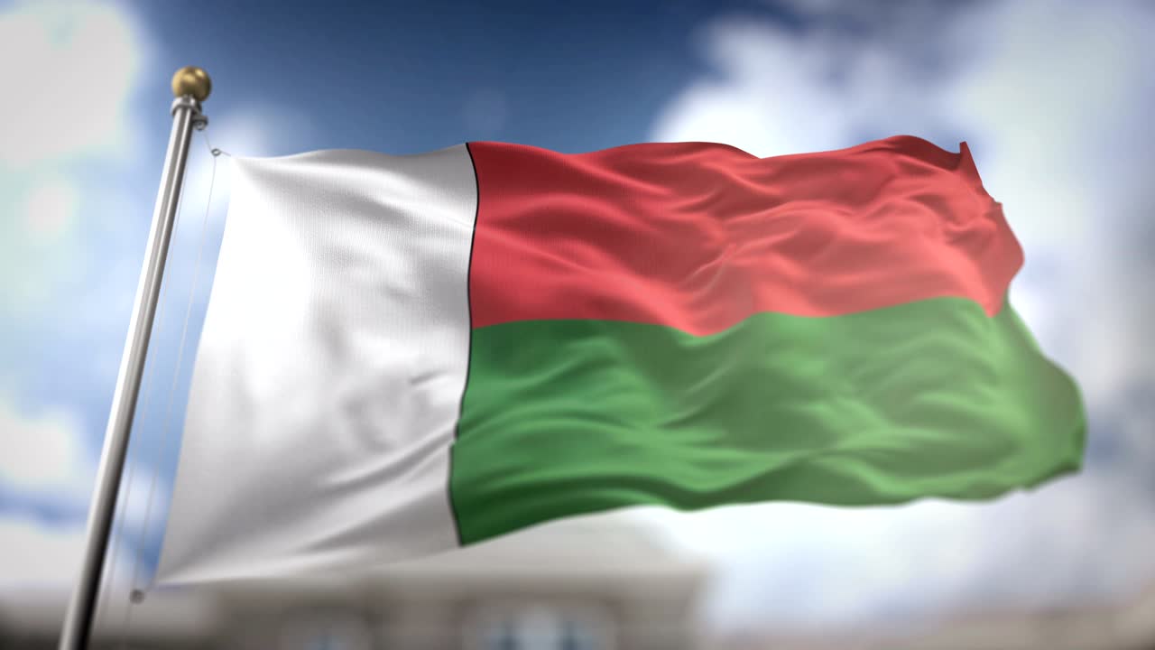 Bandiera del Madagascar sventolante in slow motion, rendering 3D su sfondo cielo blu - Loop continuo 4K