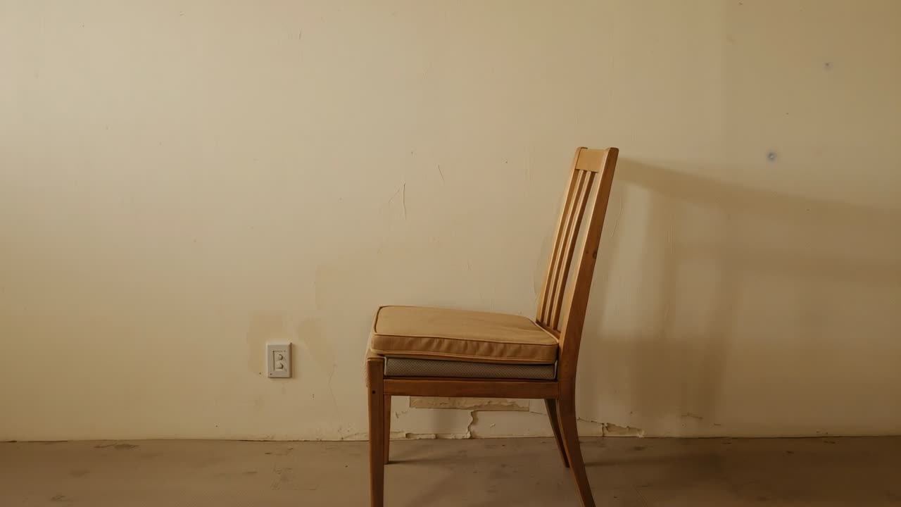 Pohybující se dřevěná židle, béžový polštář se posouvá doprava, zatímco kamera panorámuje doprostřed k zásuvce v pokoji, prostor pro text.