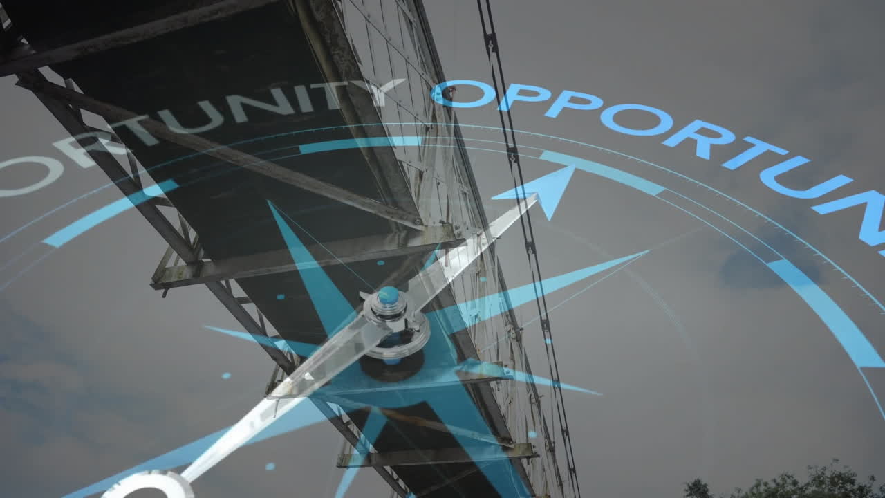 Animation of compass spinning with motivation and business text over city