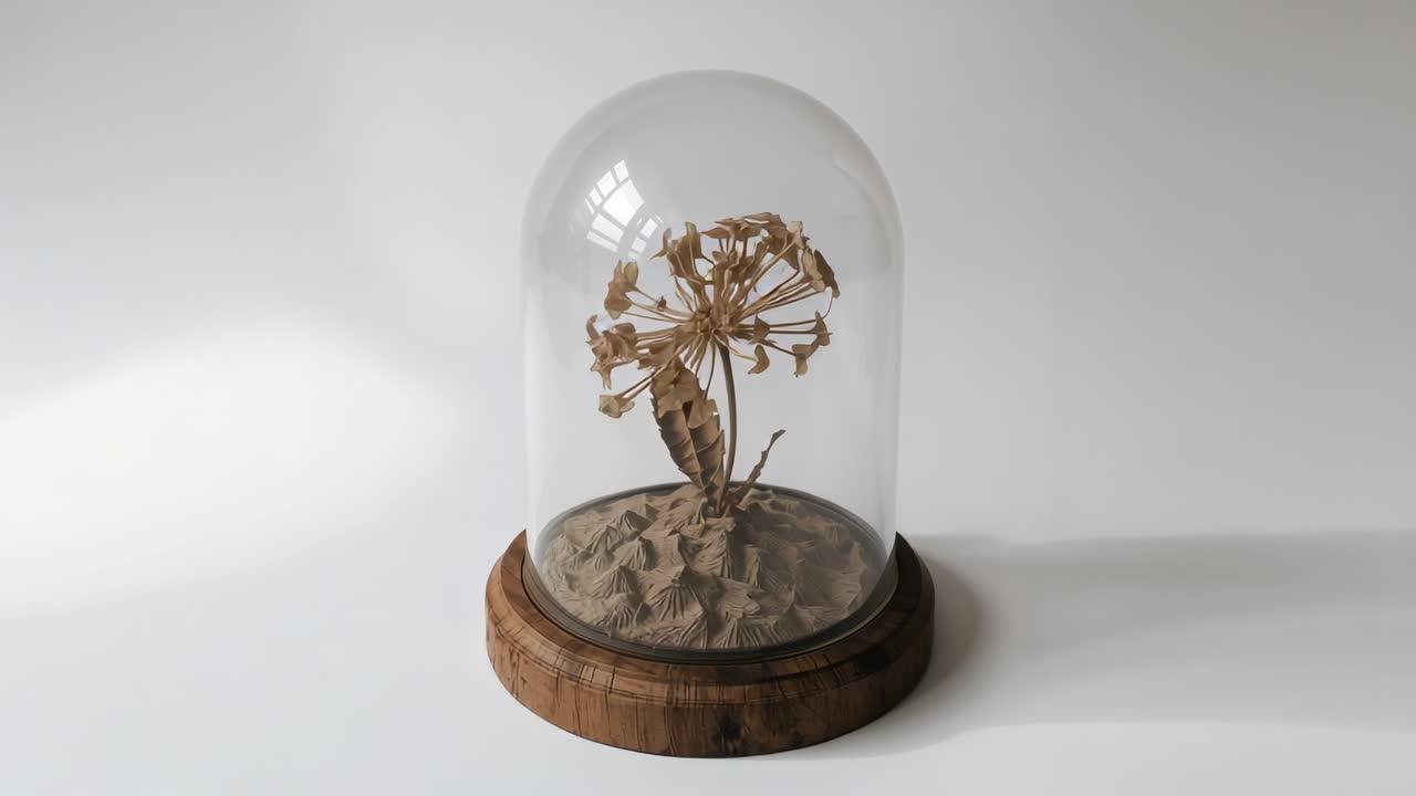 At start sand flower rotating in glass dome on wooden base in studio, revealing petal texture
