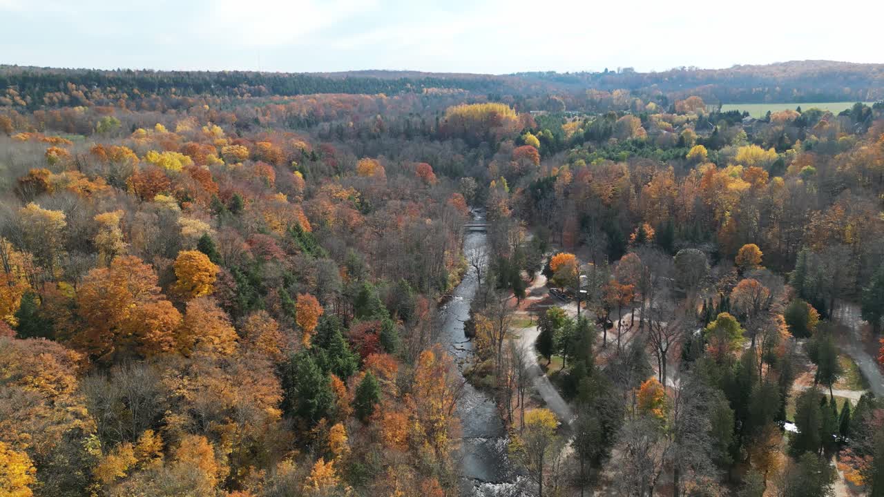 vista aérea de un río serpenteando a través de un bosque en un soleado día de otoño