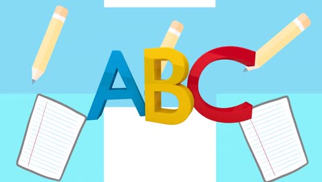 Animation-Von-ABC-Text-über-Schulsymbolen-Mit-Bleistiften-Und-Notizbüchern