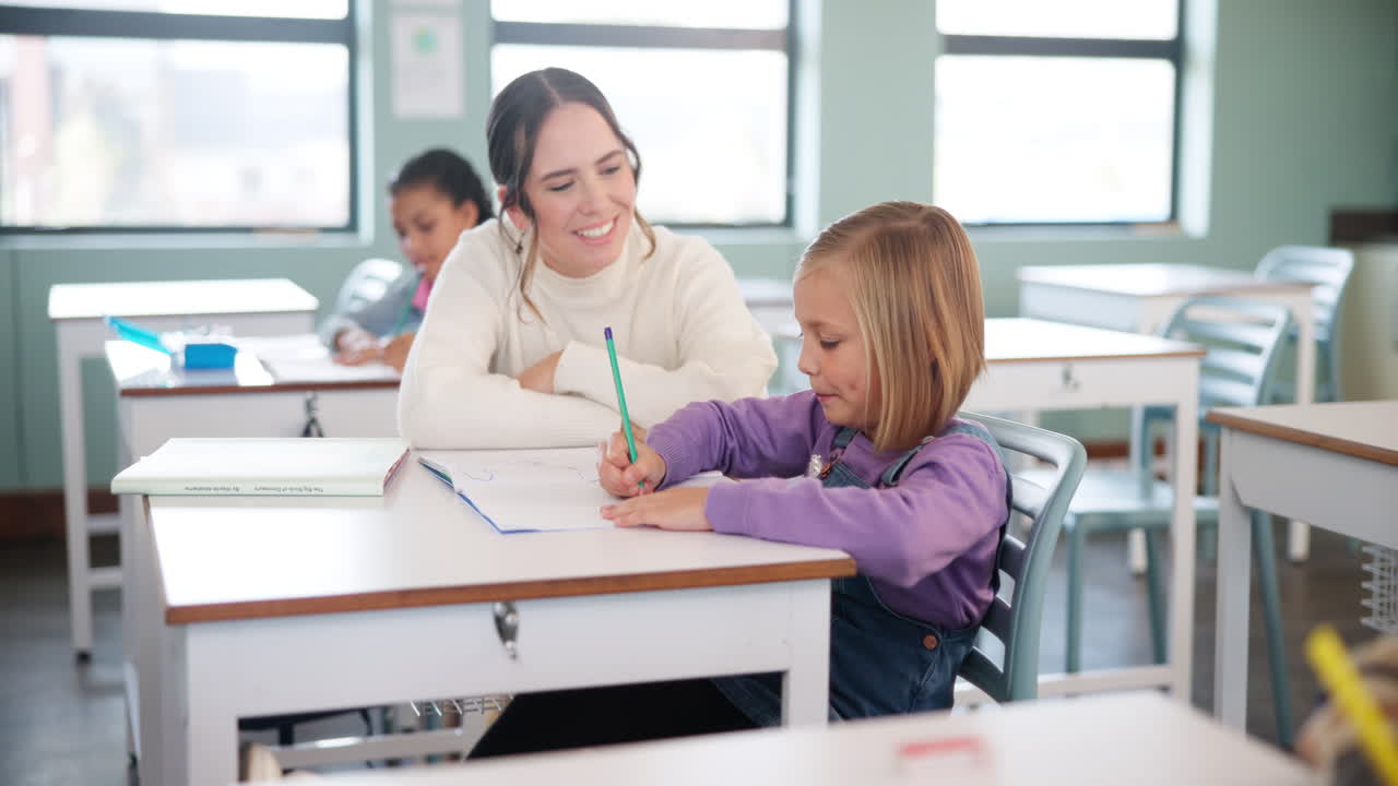 Teacher assisting students in a classroom