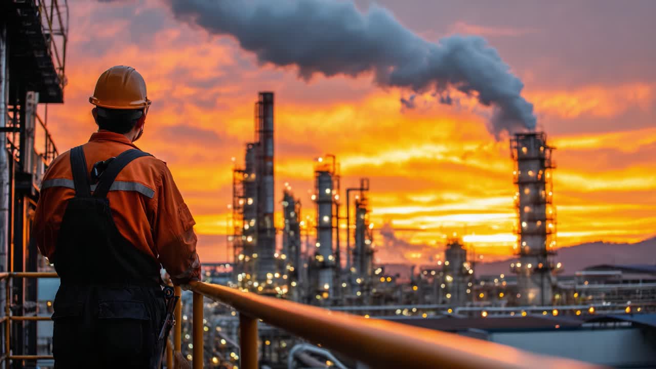 Worker Observing Industrial Scene at Sunset: A Stunning View of an Oil Refinery and Billowing Smoke in a Vibrant Orange Sky