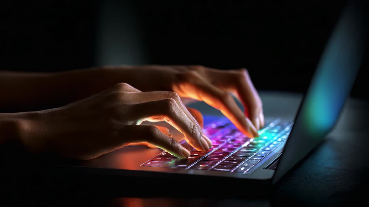 Illuminated Hands Typing on a Backlit Keyboard: A Captivating Visual of Modern Technology and Digital Creativity at Work in a Darkened Environment with Vibrant Colors Reflecting off the Keys