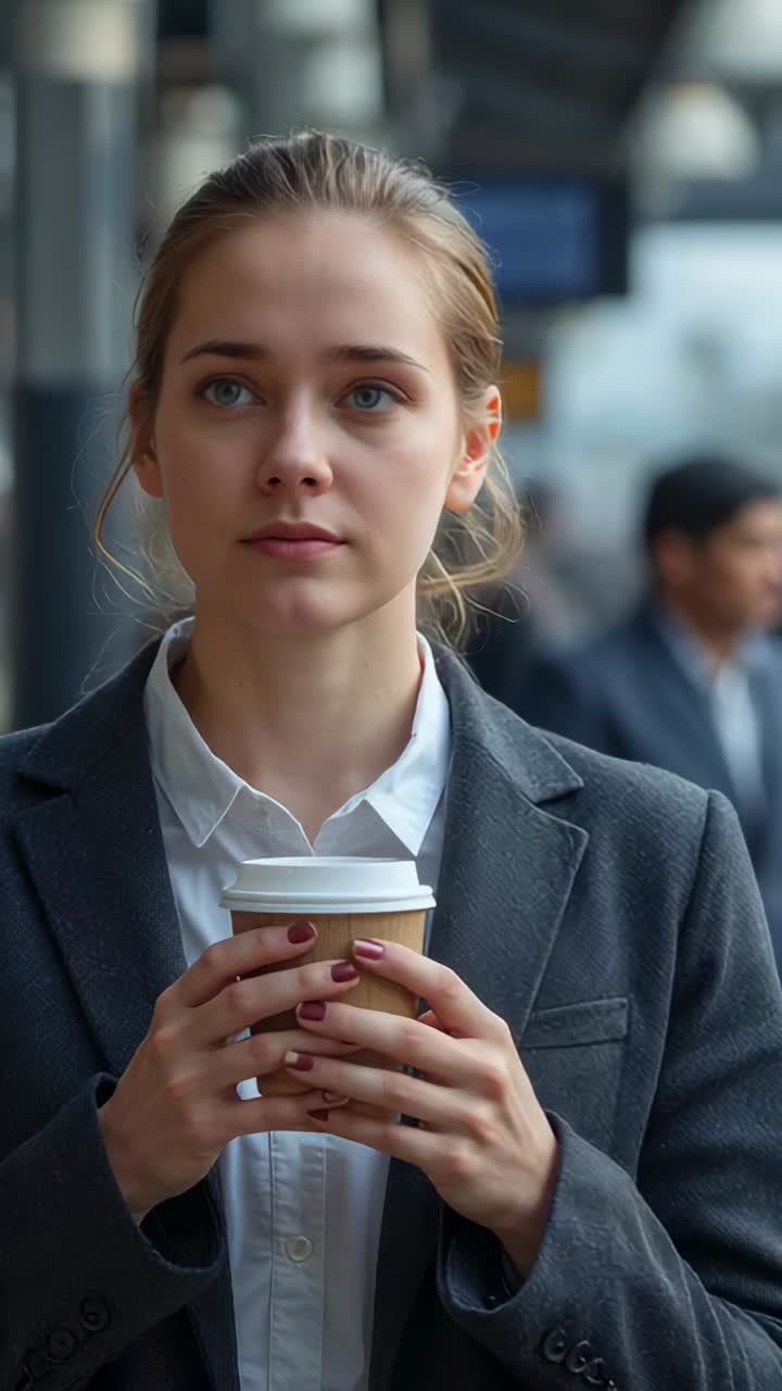 Vídeo vertical: mulher de blazer cinza segurando um copo de papel em uma estação, fechando os olhos e sorrindo
