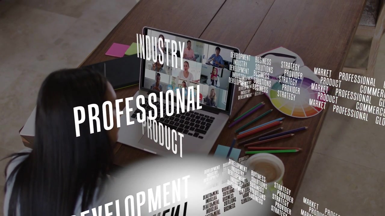 Woman on Laptop Video Call with Animated Business Keywords