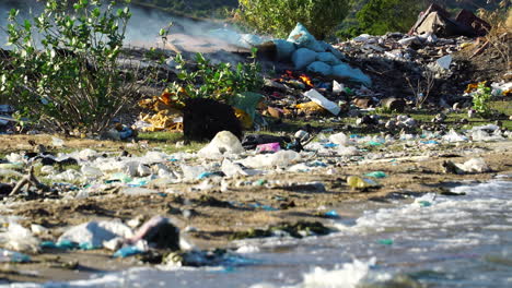 ocean beach shore polluted with plastic trash, rubbish burning on fire