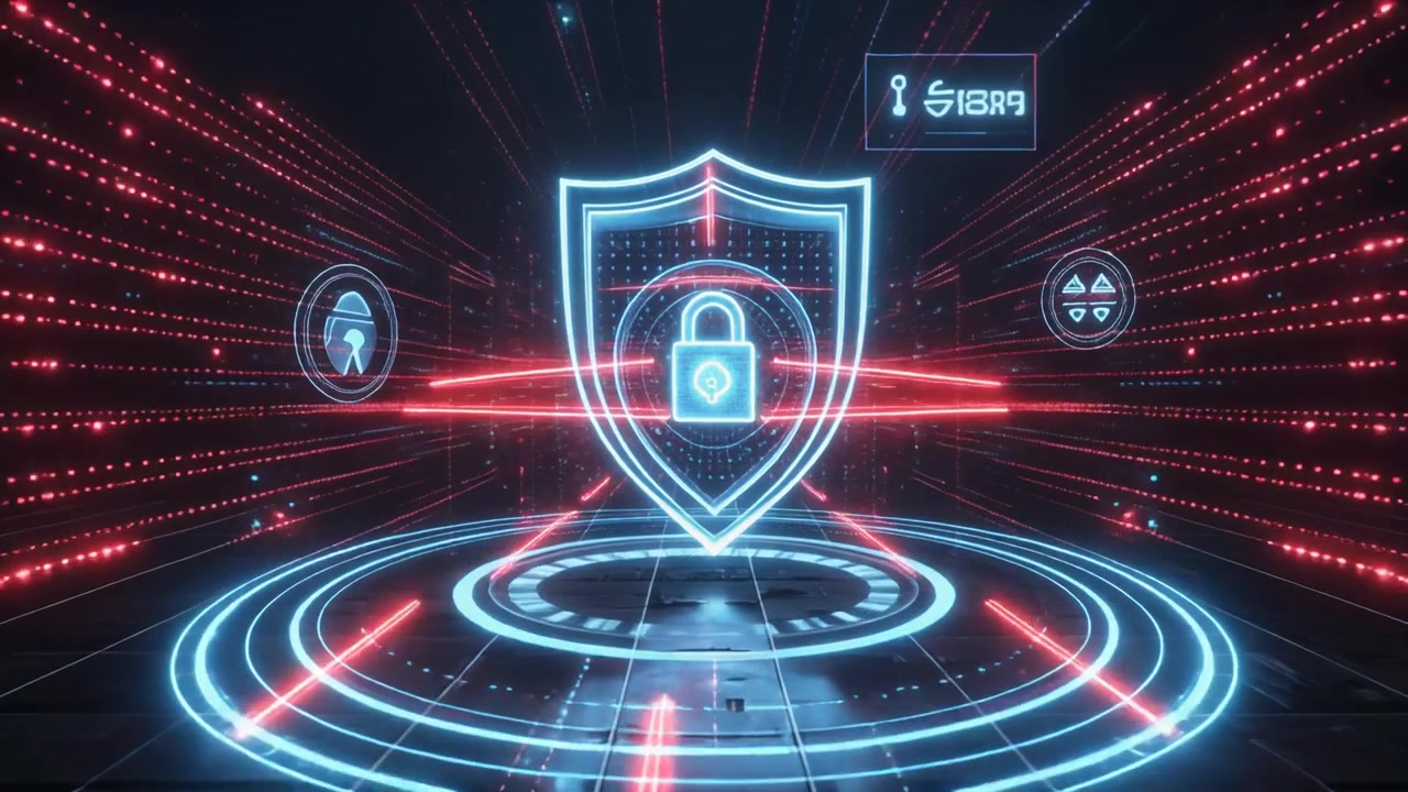 Digital Cybersecurity Shield Icon with Glowing Data Network