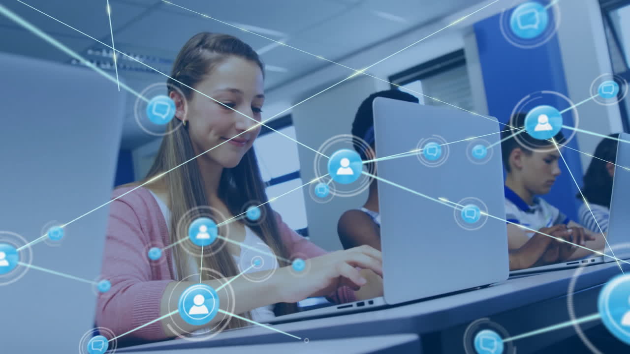 In school, students using laptops with animation of digital network connections