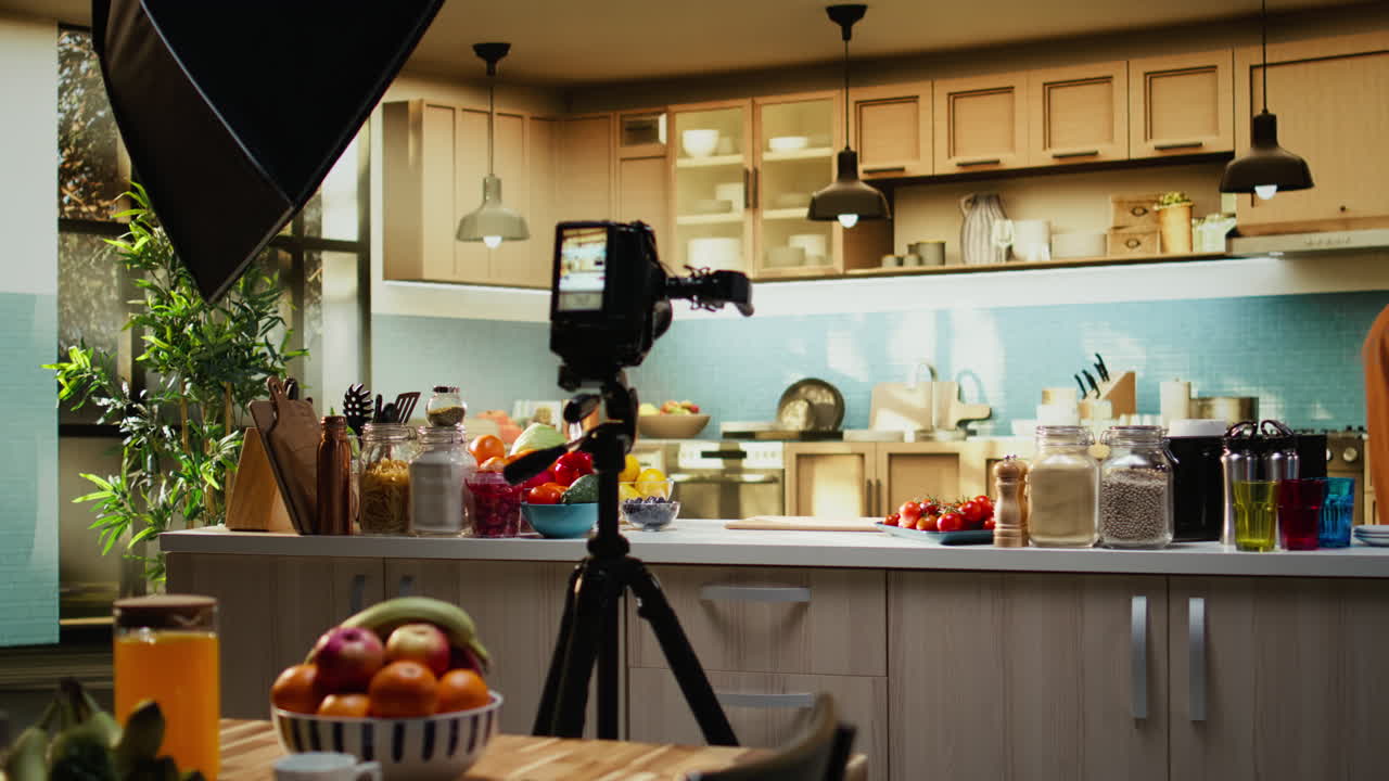 Mujer afroamericana grabando con trípode, creando contenido culinario para vlogs.
