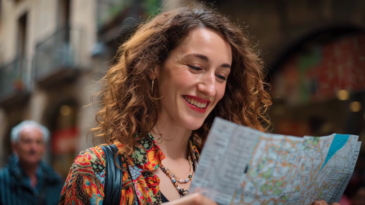 Footage of a cheerful young woman traveler holding and reading a paper map outdoors on a historic city street, enjoying sightseeing and navigation during vacation