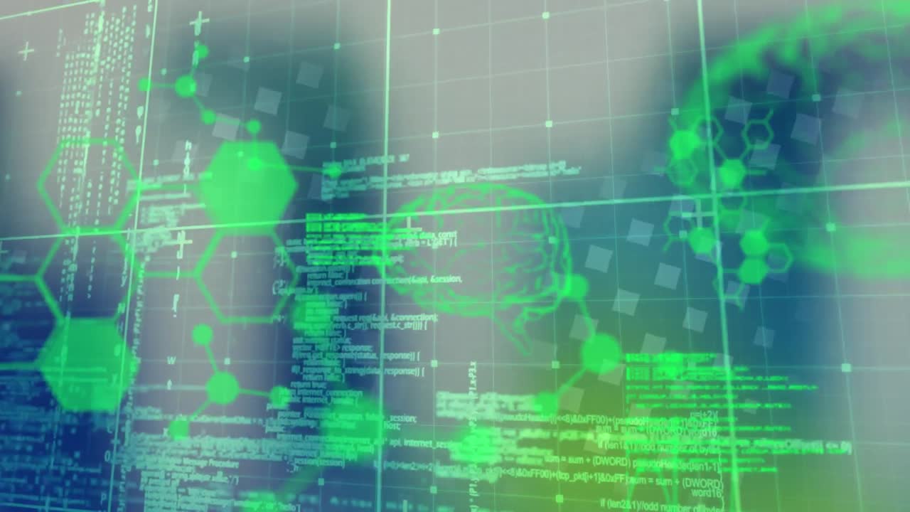 animação de processamento de dados com moléculas e cérebro digital sobre formas em fundo branco