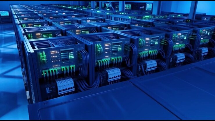 Rows of High-Tech Server Racks in a Modern Data Center