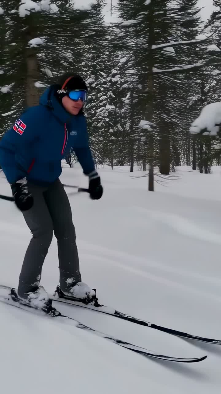 Video verticale: palo per piantare, sciatore con parka blu che spinge e scivola su un sentiero battuto per allenarsi
