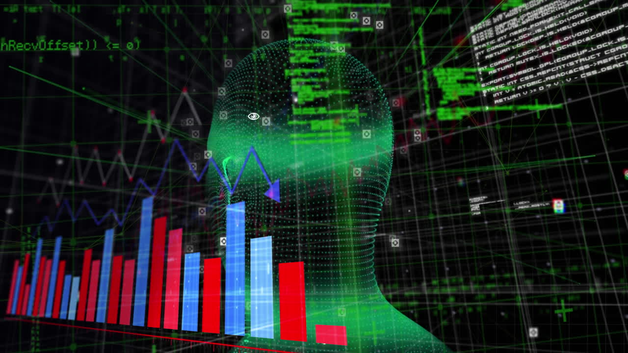 Animation of data processing and bar graphs over spinning head model against black background