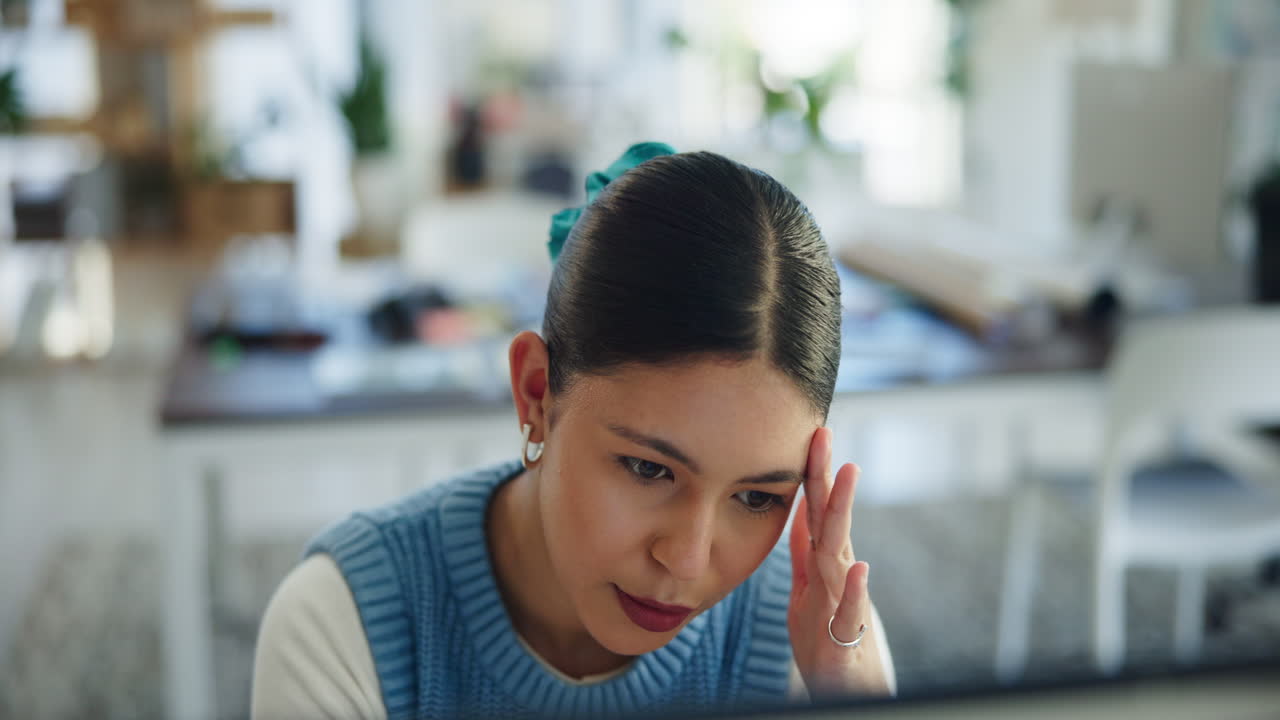 Young Woman Experiencing Stress or Headache While Working