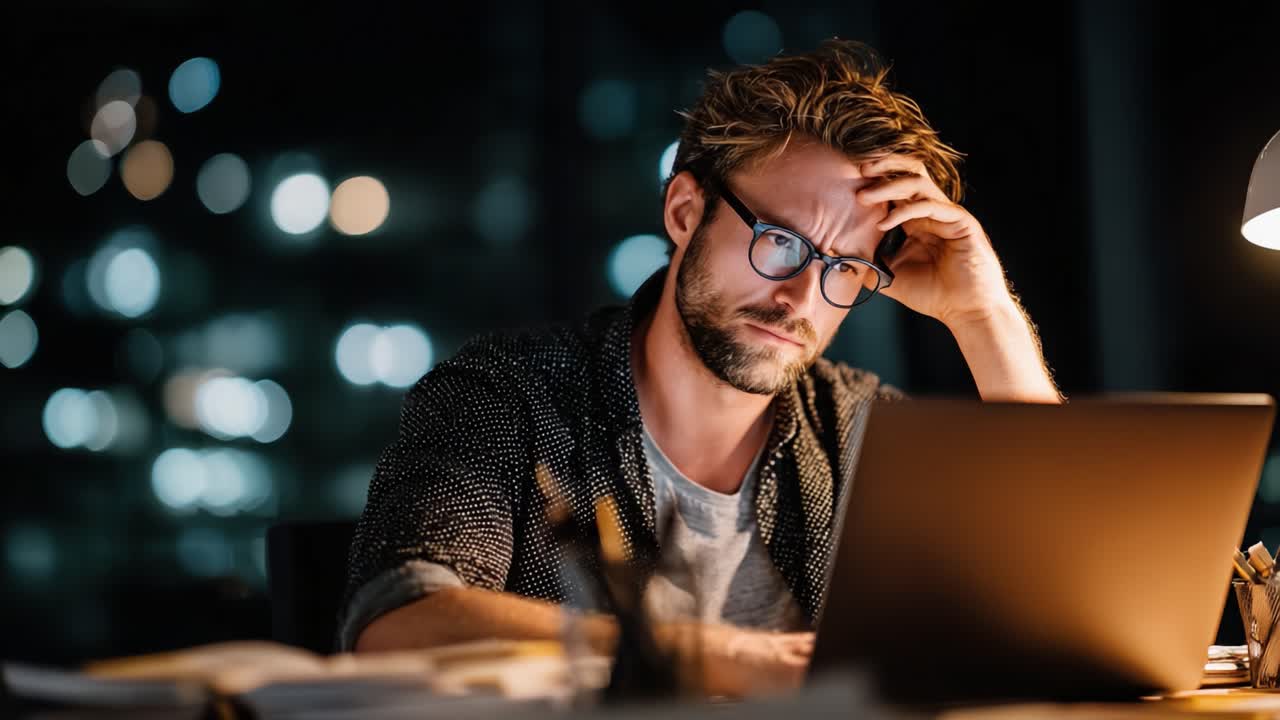 A focused individual grappling with the challenges of online tasks, visibly stressed while working late at night under the glow of a computer screen