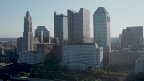 Skyline-Von-Columbus,-Ohio-An-Einem-Hellen-Tag-Mit-Drohnenvideo,-Das-Sich-Von-Links-Nach-Rechts-Bewegt